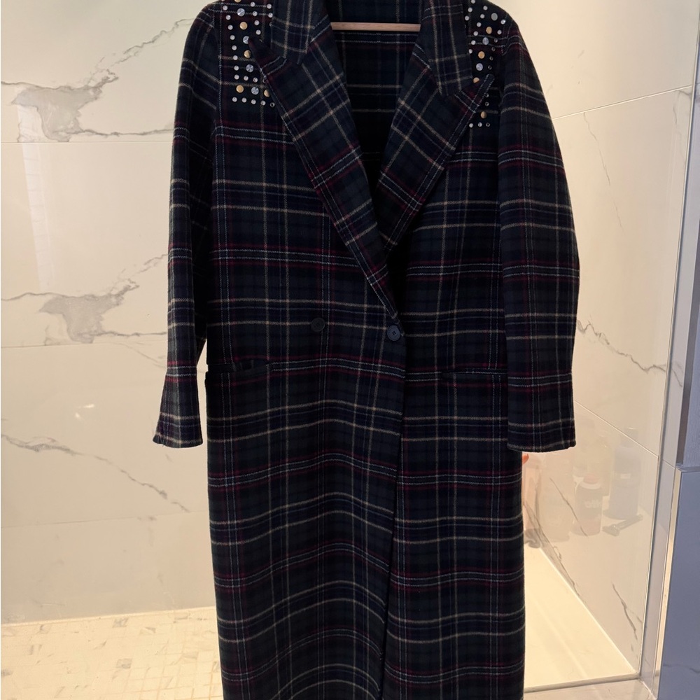 Plaid Long Coat with Studded Shoulders